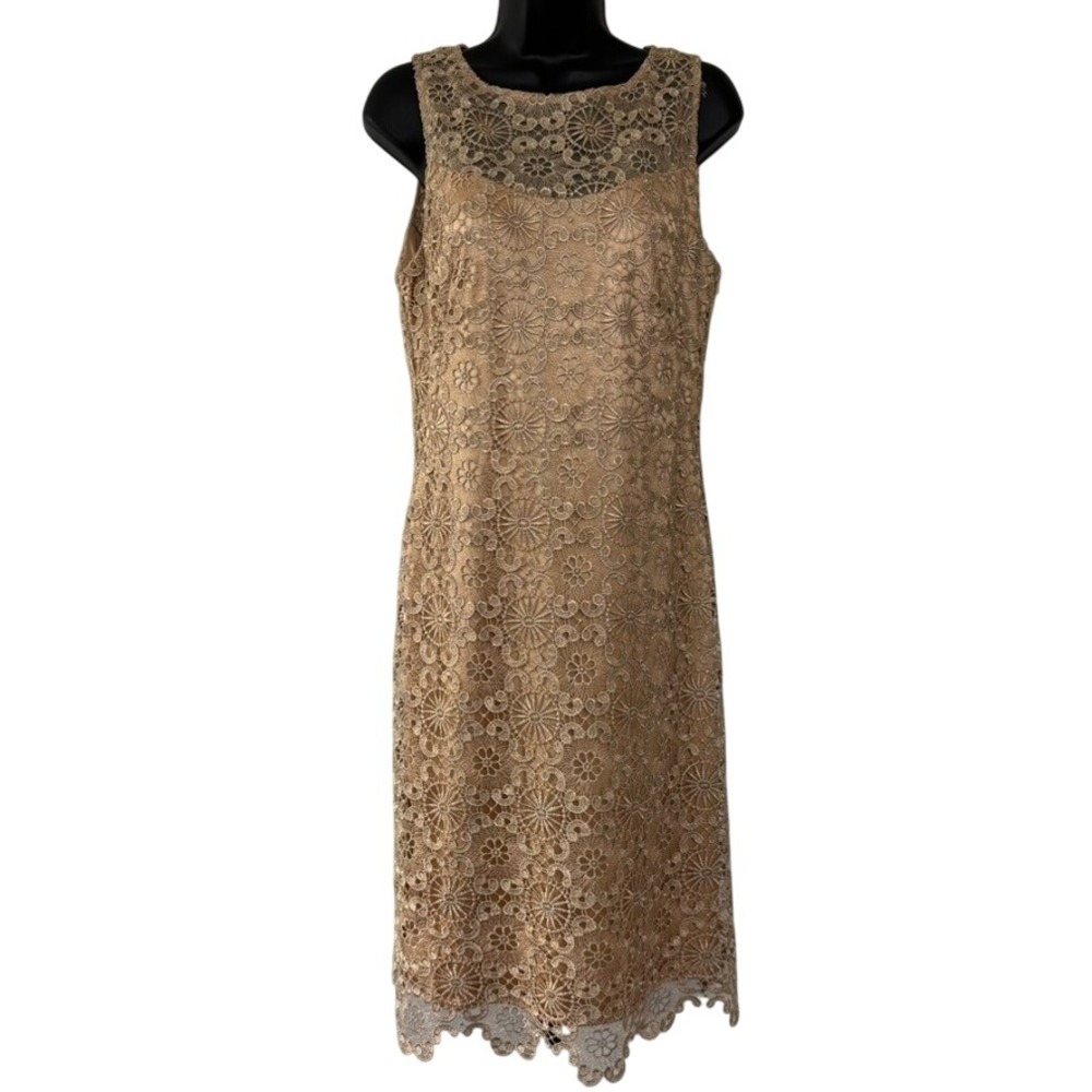 Sue Wong Nocturne Gold‎ Lace Sheath Dress Sz 10 Cocktail Flapper 1920s y2k